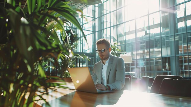 Photo confident businessman working on laptop in modern office successful entrepreneur using technology to stay connected and productive