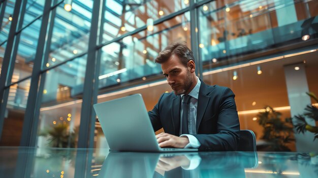 Confident businessman working on laptop in modern office