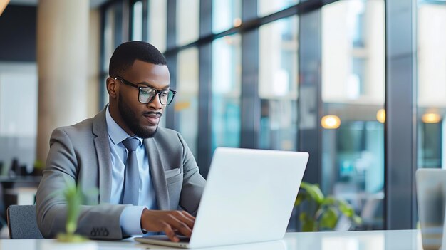 Confident businessman working on laptop in modern office