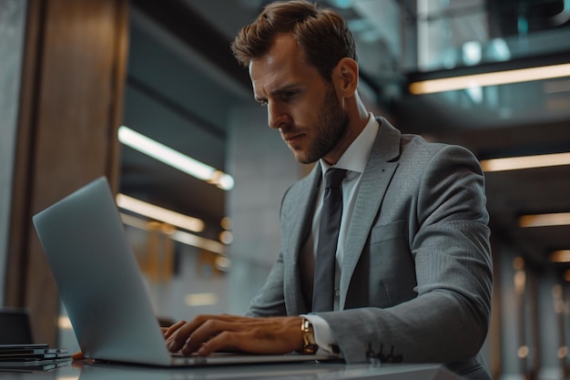 Confident Businessman Working on Laptop in Modern