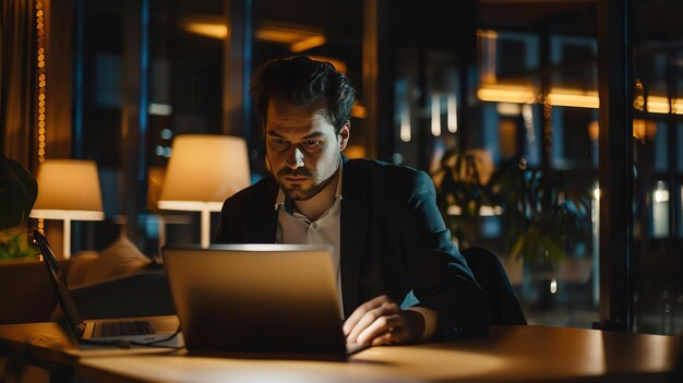 Confident businessman working late at night on his laptop in a modern office