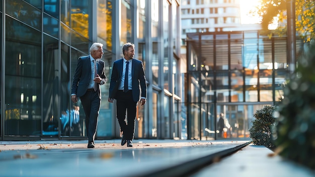 Confident businessmen discussing work while walking in the city