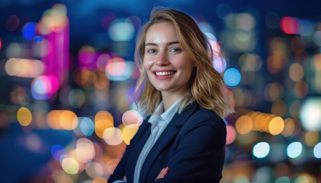 Photo confident businesswoman in city at night