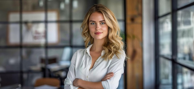 Confident businesswoman in a crisp white shirt at the office