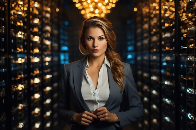 Confident businesswoman in data center aisle