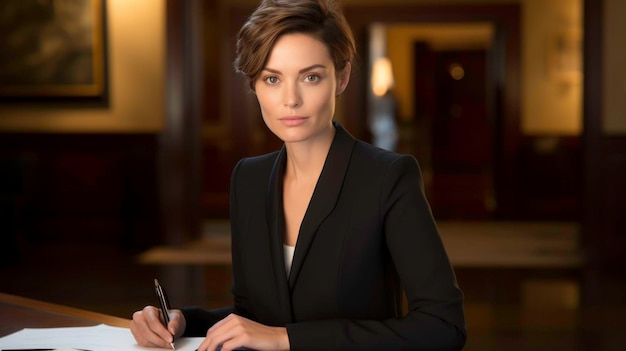 Confident Businesswoman in Elegant Suit and Blouse in Office Lobby generated by AI