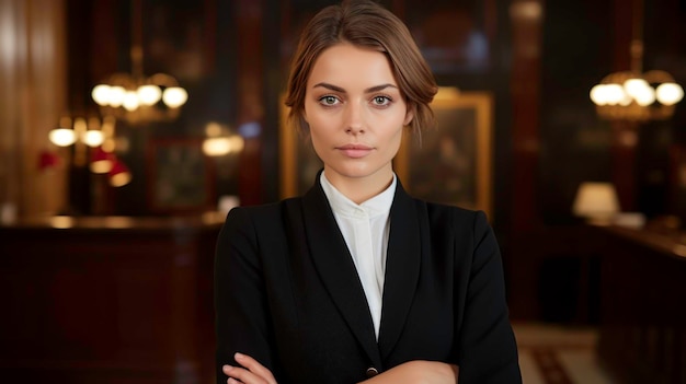 Confident Businesswoman in Elegant Suit and Blouse in Office Lobby generated by AI