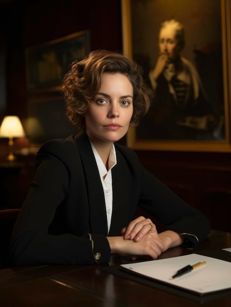 Confident Businesswoman in Elegant Suit and Blouse in Office Lobby generated by AI