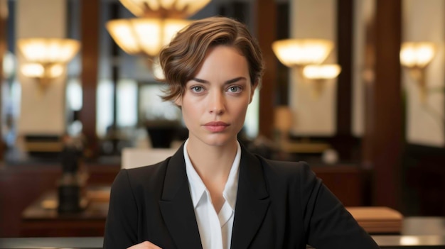 Confident Businesswoman in Elegant Suit and Blouse in Office Lobby generated by AI