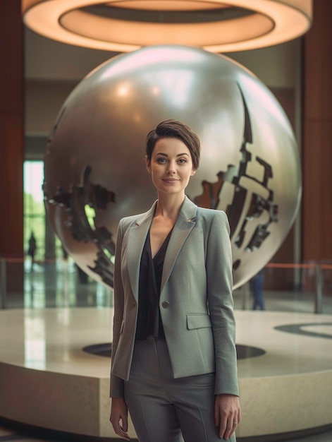 Уверенная бизнесменка в элегантном костюме и блузе в офисном вестибюле, сгенерированном ИИ