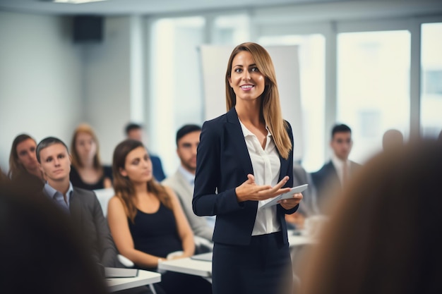 Confident businesswoman giving presentation to colleagues in modern office