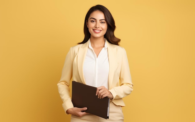 Confident businesswoman holding a note stand in yellow background