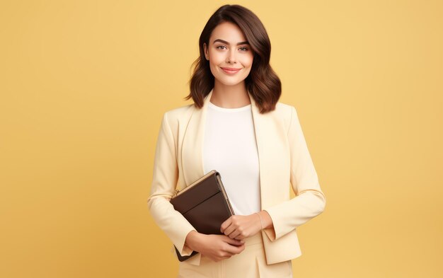 Confident businesswoman holding a note stand in yellow background