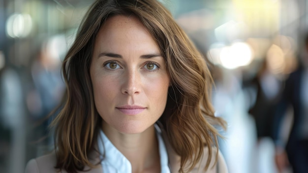 Confident Businesswoman Making Eye Contact Surrounded by Busy Office Coworkers