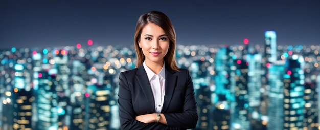 Confident businesswoman overlooking city center skyscraper generative ai