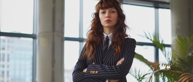 Photo confident businesswoman in pinstripe suit stands assertively in an office