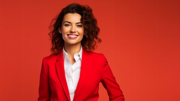 Confident businesswoman in power suit on cherry red background