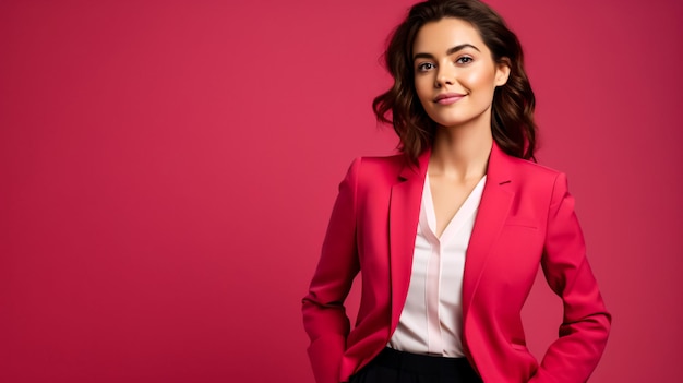 Confident businesswoman in power suit on cherry red background