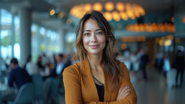 Confident Businesswoman Smiling in Busy Corporate Environment