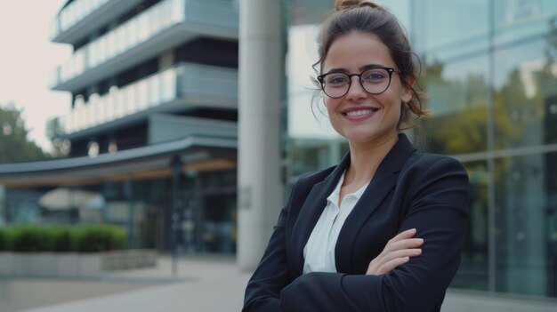Confident businesswoman smiling in front of corporate building