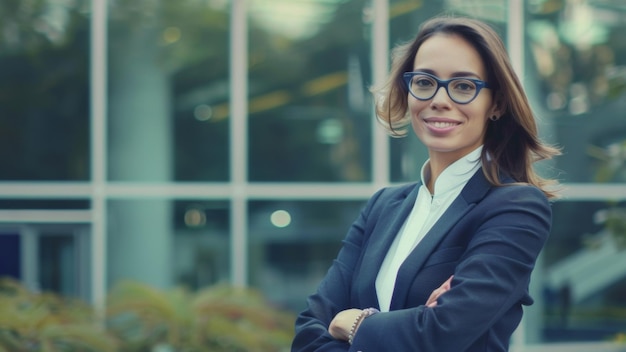 Confident businesswoman smiling in a modern corporate environment