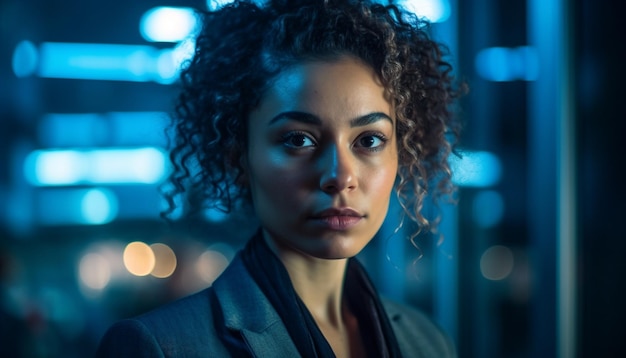 Confident businesswoman standing outdoors illuminated by city lights generated by artificial intelligence