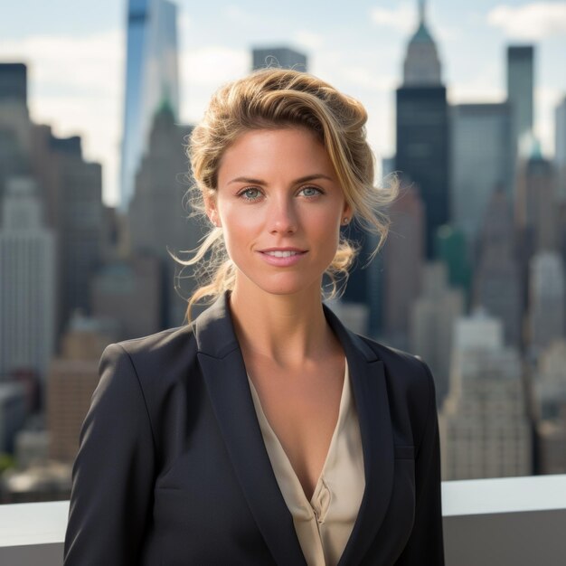 Photo confident businesswoman standing on a rooftop in a suit with a beautiful smile looking at the camera with a cityscape in the background