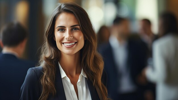 Confident businesswoman in a suit smiling at the camera