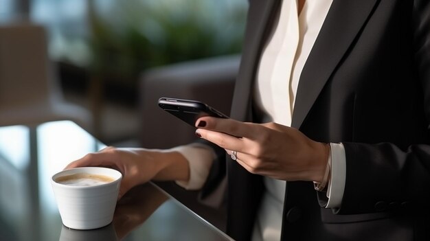 Photo confident businesswoman using mobile phone while taking a break in office