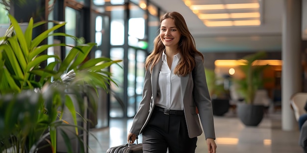 Confident businesswoman walking through corporate lobby professional and modern style perfect for corporate promotion AI