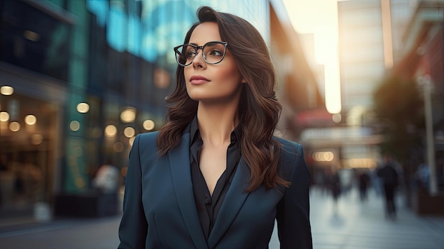 Confident businesswoman wearing sharp suit on modern urban urban