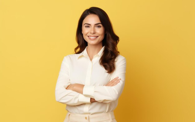 Confident businesswoman with crossed arm isolated in yellow background