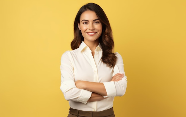 Confident businesswoman with crossed arm isolated in yellow background