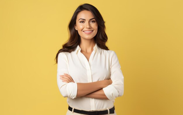 Confident businesswoman with crossed arm isolated in yellow background