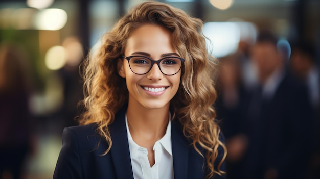 Confident businesswoman with curly hair smiling at the camera