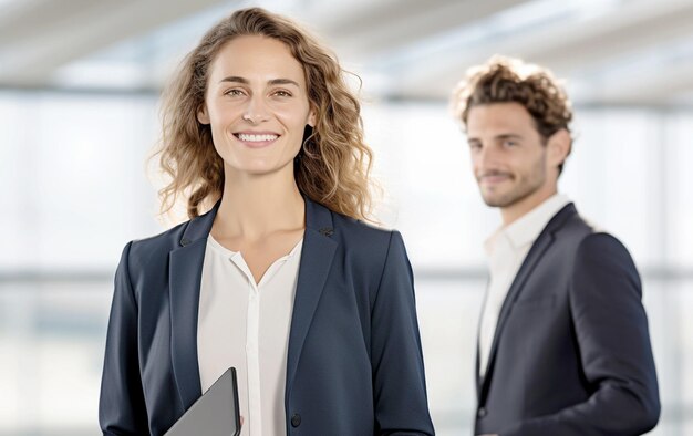 Photo confident businesswoman with digital tablet executive collaboration