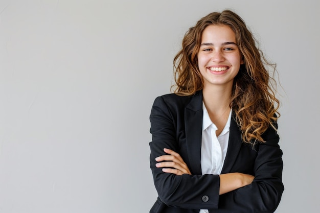 Photo confident businesswoman with folded hands and toothy smile