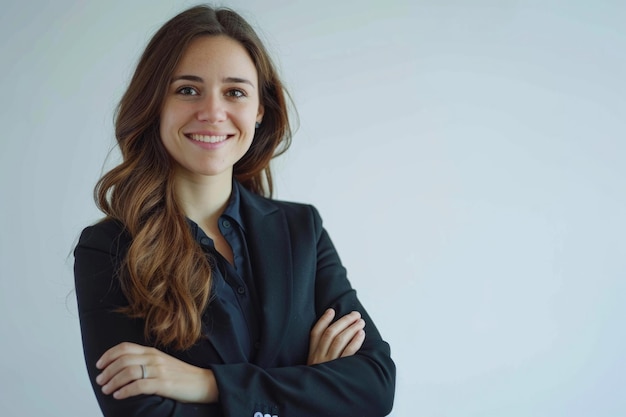 Photo confident businesswoman with folded hands and toothy smile