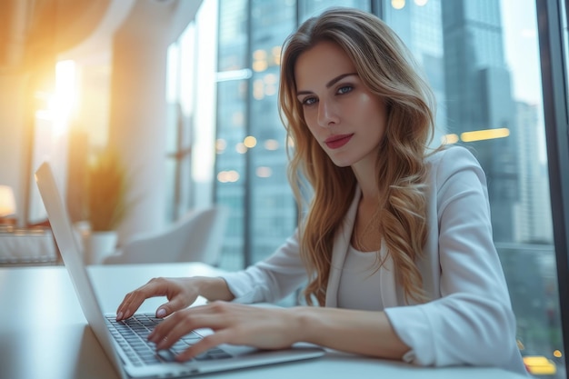 Confident businesswoman working on laptop in modern office space