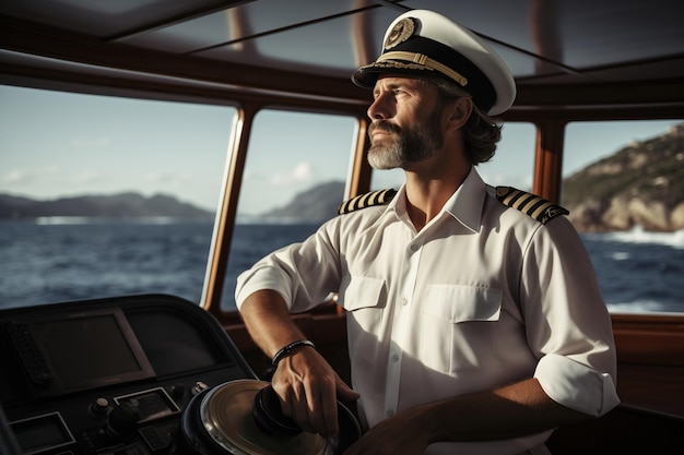 Photo the confident captain on the bridge of the ship scanned the calm sea