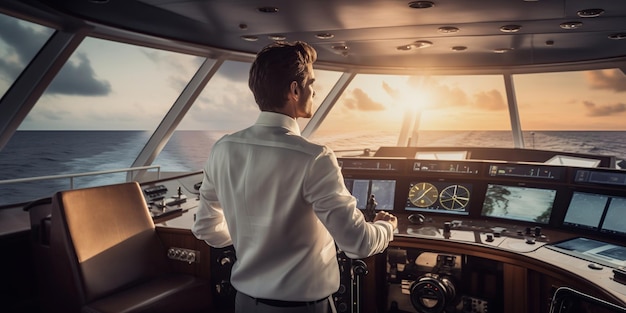 The confident captain on the bridge of the ship scanned the calm sea