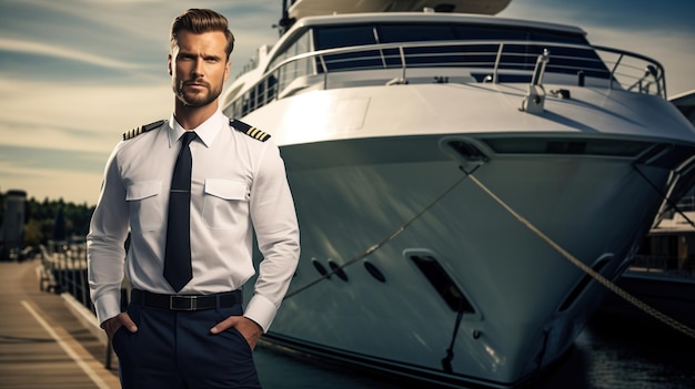 Уверенный капитан стоит перед роскошной яхтой Капитан излучает чувство профессионализма и опыта на фоне впечатляющей яхты