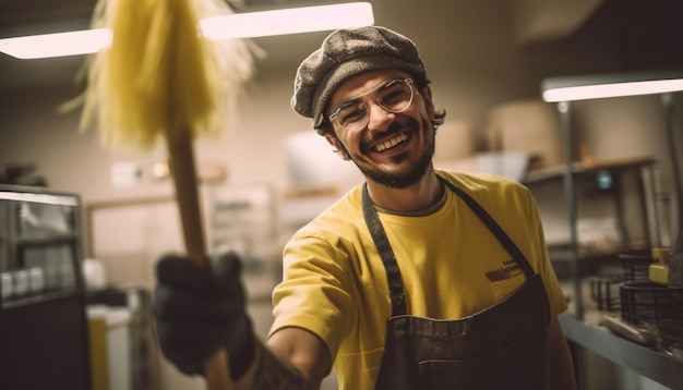 Foto falegname fiducioso crea sapientemente nella sua piccola cucina da officina generata dall'intelligenza artificiale