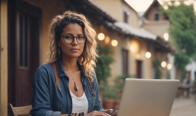 Confident Caucasian female digital nomad working on laptop outdoors