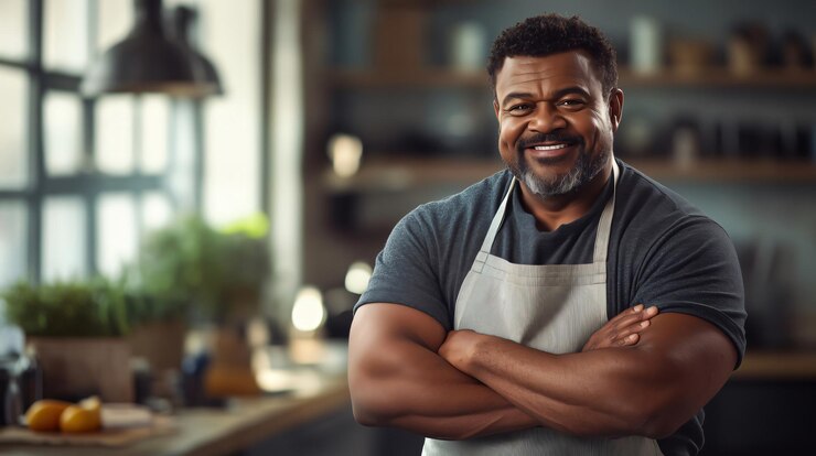 Confident chef smiling with crossed arms in restaurant kitchen