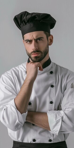 Confident chef in thoughtful pose professional culinary focus
