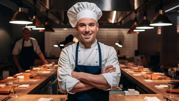 Confident chef wearing uniform posing with his arms crossed and looking at a camera in a restaurant