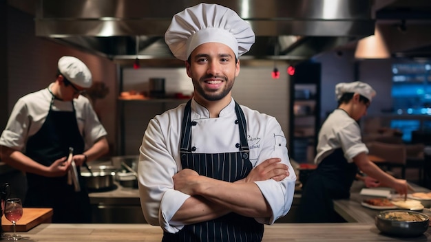 Confident chef wearing uniform posing with his arms crossed and looking at a camera in a restaurant