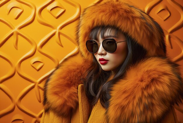 Confident Chinese young woman in sunglasses and a fur coat