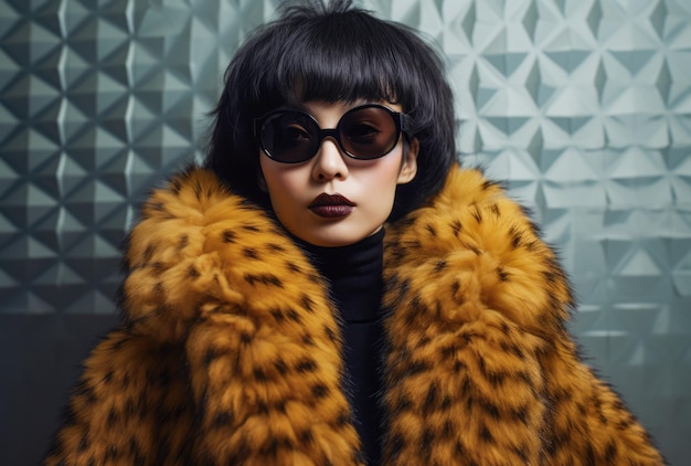 Confident chinese young woman in sunglasses and a fur coat